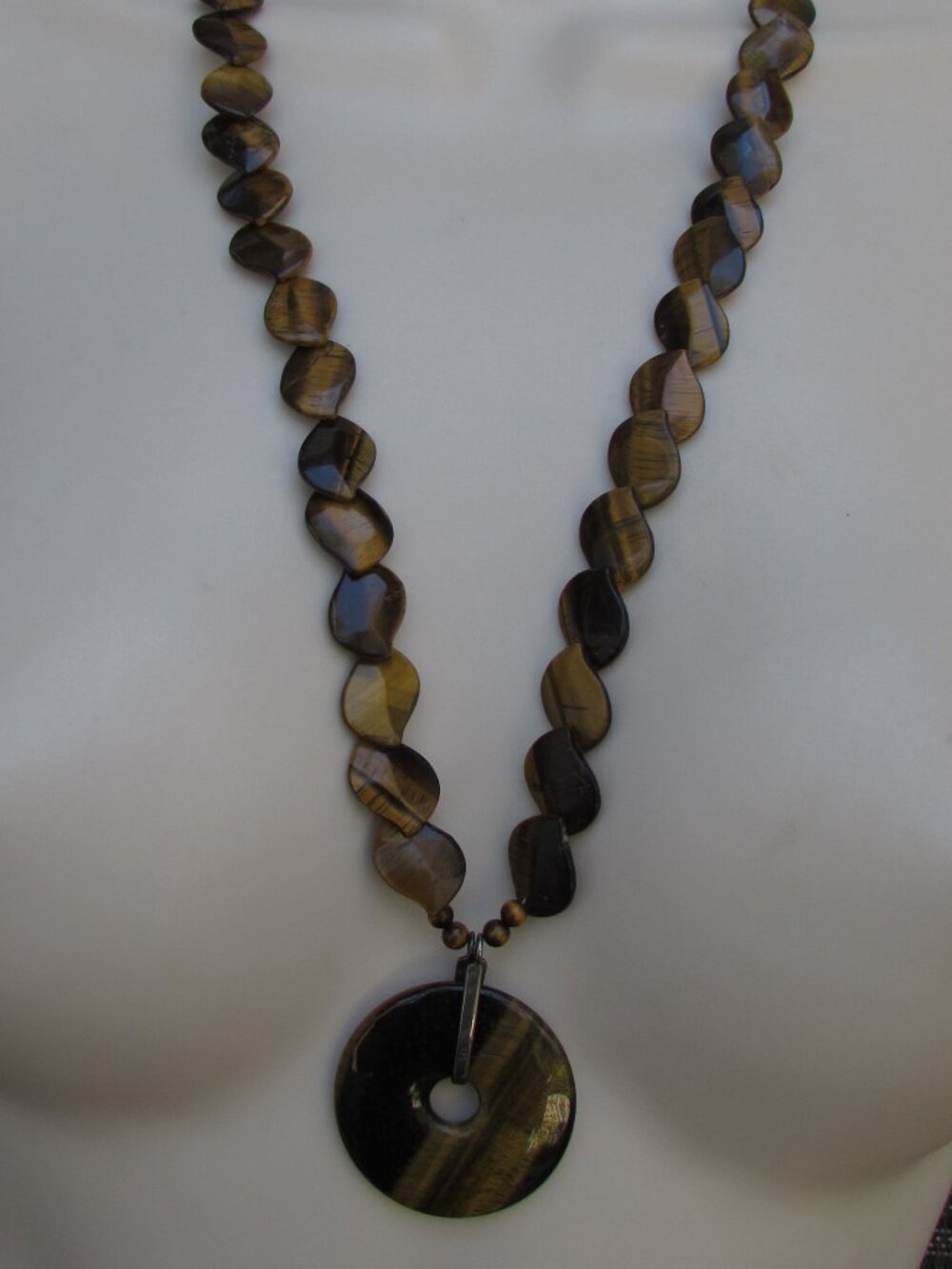 Vintage Tiger Eye Round Stone Pendant & Beaded 925 Sterling Necklace 26"